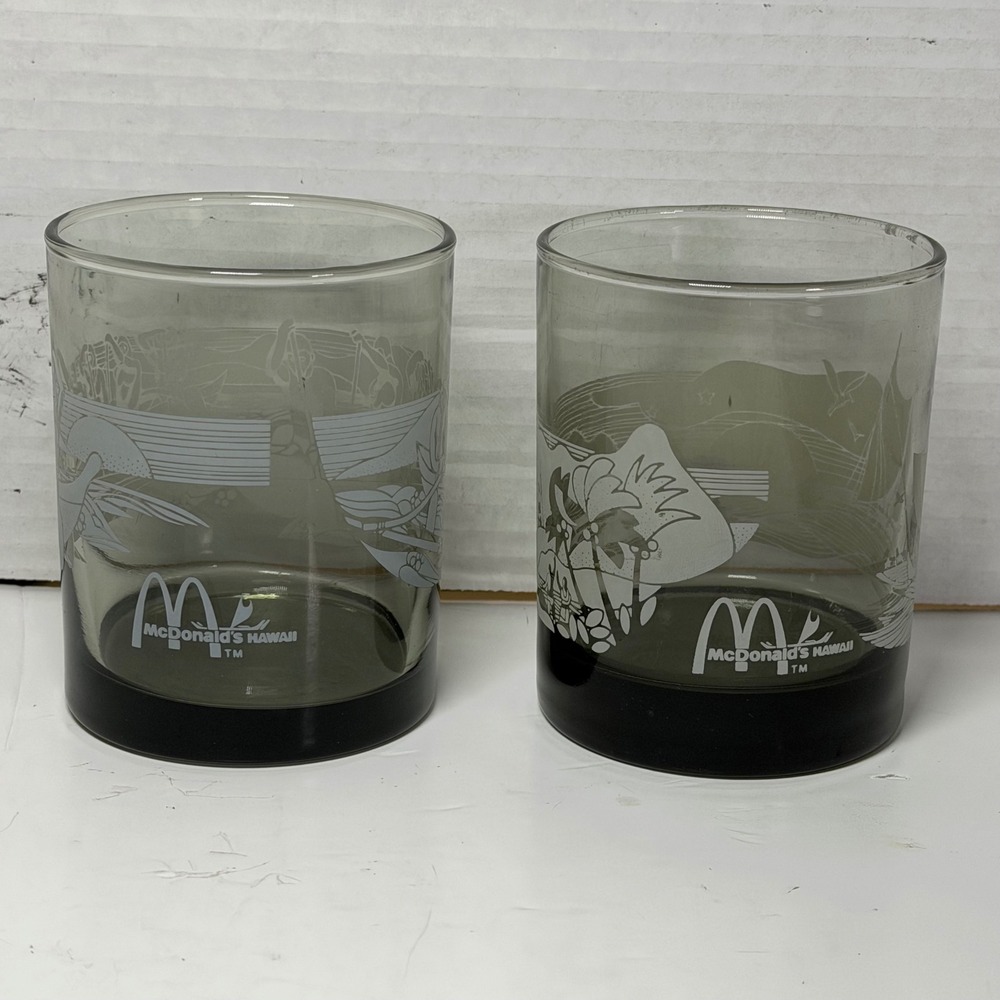 Vintage McDonalds Hawaii Smoked Glass Tumblers Etched‎ Canoe Set of 2 Grey